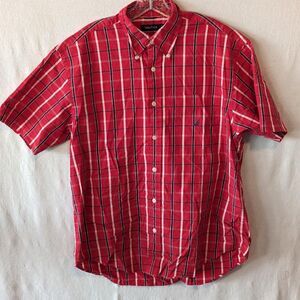Boys Red Plaid Nautica 80's Style Cotton Short Sleeve Collard Button Size Medium